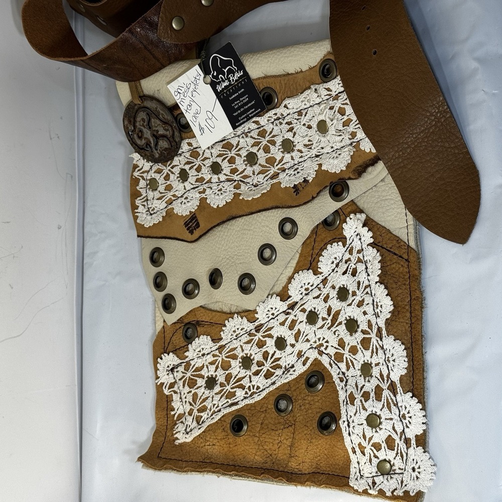 NWT White Buffalo Creations Leather Crossbody Purse Bag Eyelet Lace Rivets Rough